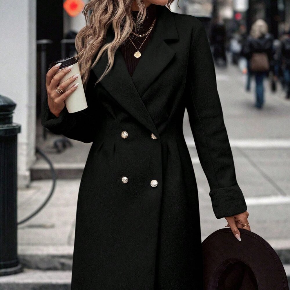 Black Casual Women's Lapel Neck Double Breasted Overcoat - Picture 4 of 6